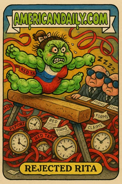 A grotesque Russian gymnast struggles on a distorted balance beam over a chasm of clocks representing delays, in a satirical Garbage Pail Kids style.