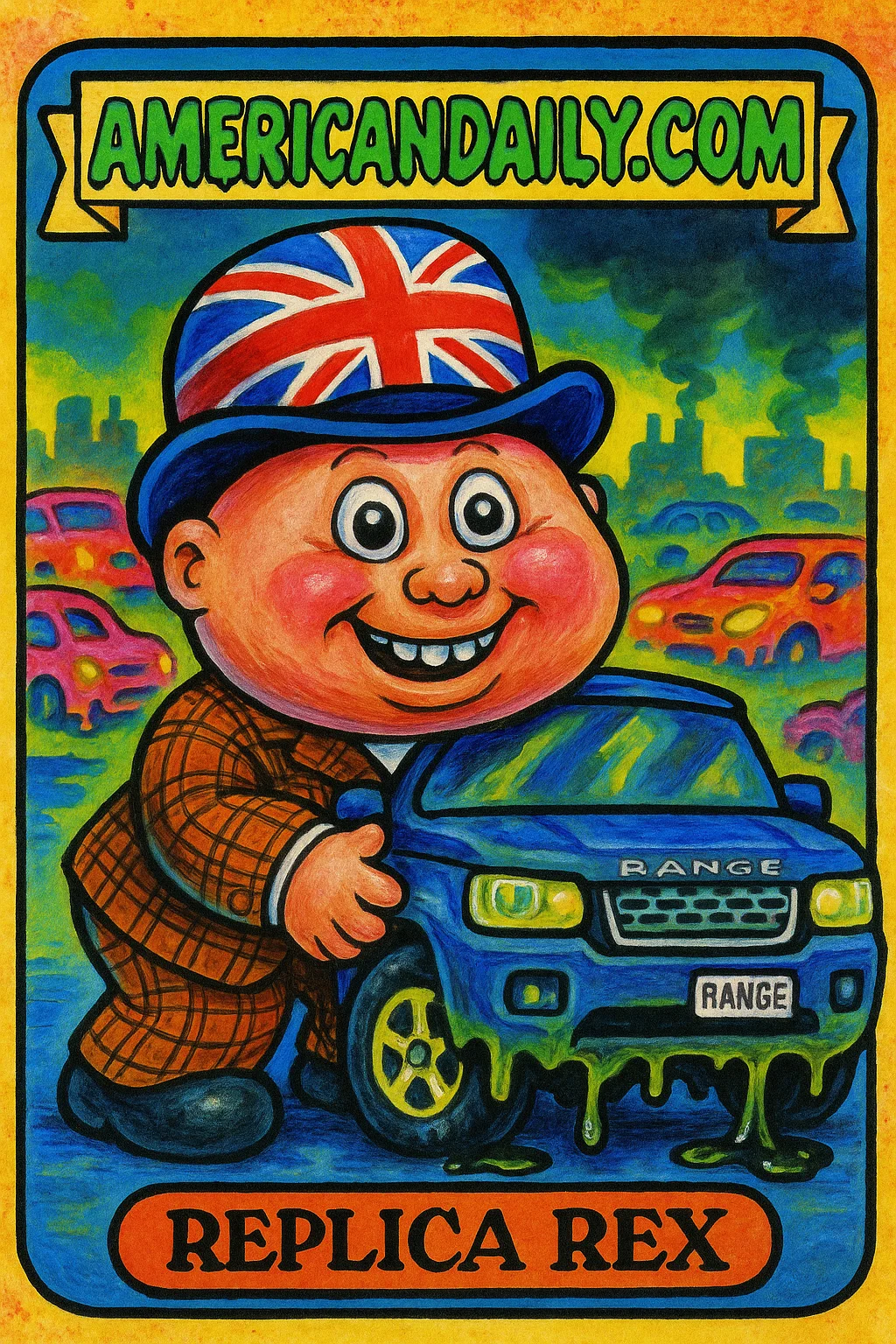 A grotesque caricature of a British car enthusiast hugging a distorted look-alike Range Rover, surrounded by garish Chinese car models.