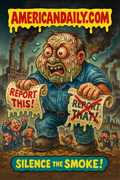 Cartoon of EPA bureaucrat holding scrolls 'Report This!' and 'Report That!' with factories smoking, citizens with masks coughing. Banner 'AMERICANDAILY.COM', caption 'Silence the Smoke!