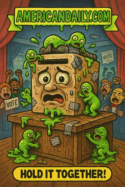 A parody card showing a bandaged ballot box creature holding a torch shaped like a voting slip, standing before cracked pillars labeled Polarization, Disinformation, Voter Suppression; voters holding signs "Count Every Vote," "Truth Matters"; top banner AMERICANDAILY.COM; caption Stand Tall, Vote All!