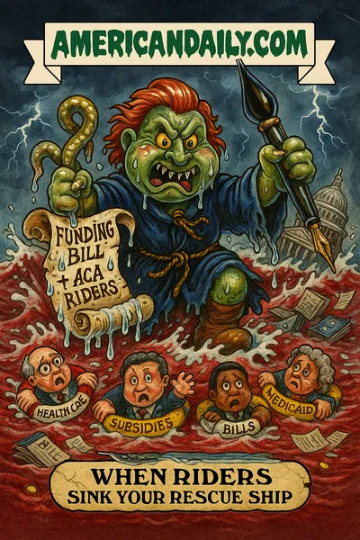Parody trading card: a sea monster in congressional robe (""Rider Riptide Renegade"") riding red-tape waves, holding a soaked scroll ""Funding Bill + ACA Riders,"" while lawmakers flail in the stormy sea clutching "Health Care" and "Subsidies" floaties. Half-submerged Capitol dome and torn papers swirl. Top banner: "AMERICANDAILY.COM."