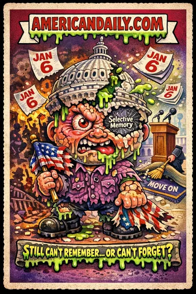 Grotesque cartoon trading card showing a cracked Capitol-headed character leaking slime as calendar pages labeled January 6 float around, symbolizing America's divided memory of the Capitol riot.