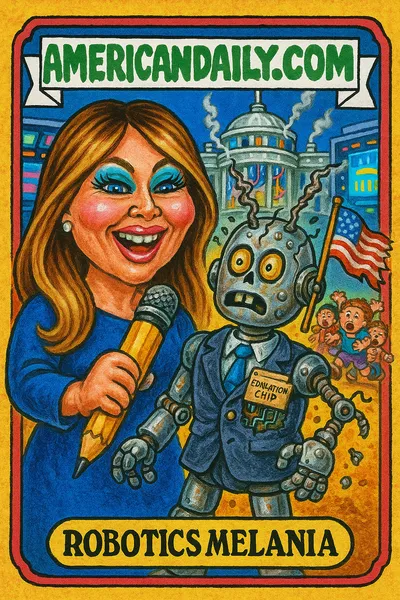 A grotesque cartoon of Melania Trump with an exaggeratedly glamorous expression standing beside a malfunctioning humanoid robot, holding a pencil-shaped microphone.