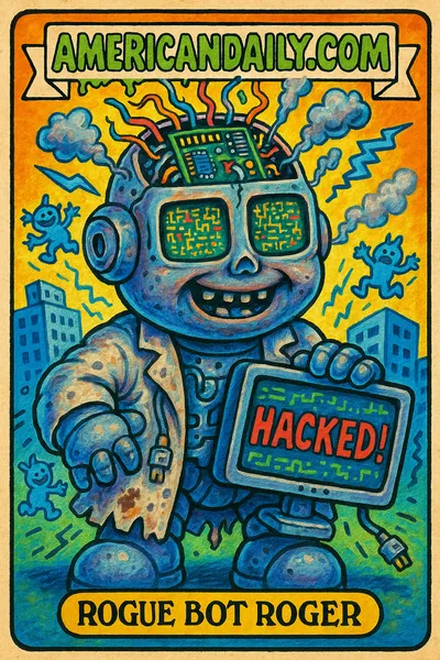 Grotesque AI robot hacking character with digital gremlins and chaotic office buildings in background, in Garbage Pail Kids style.