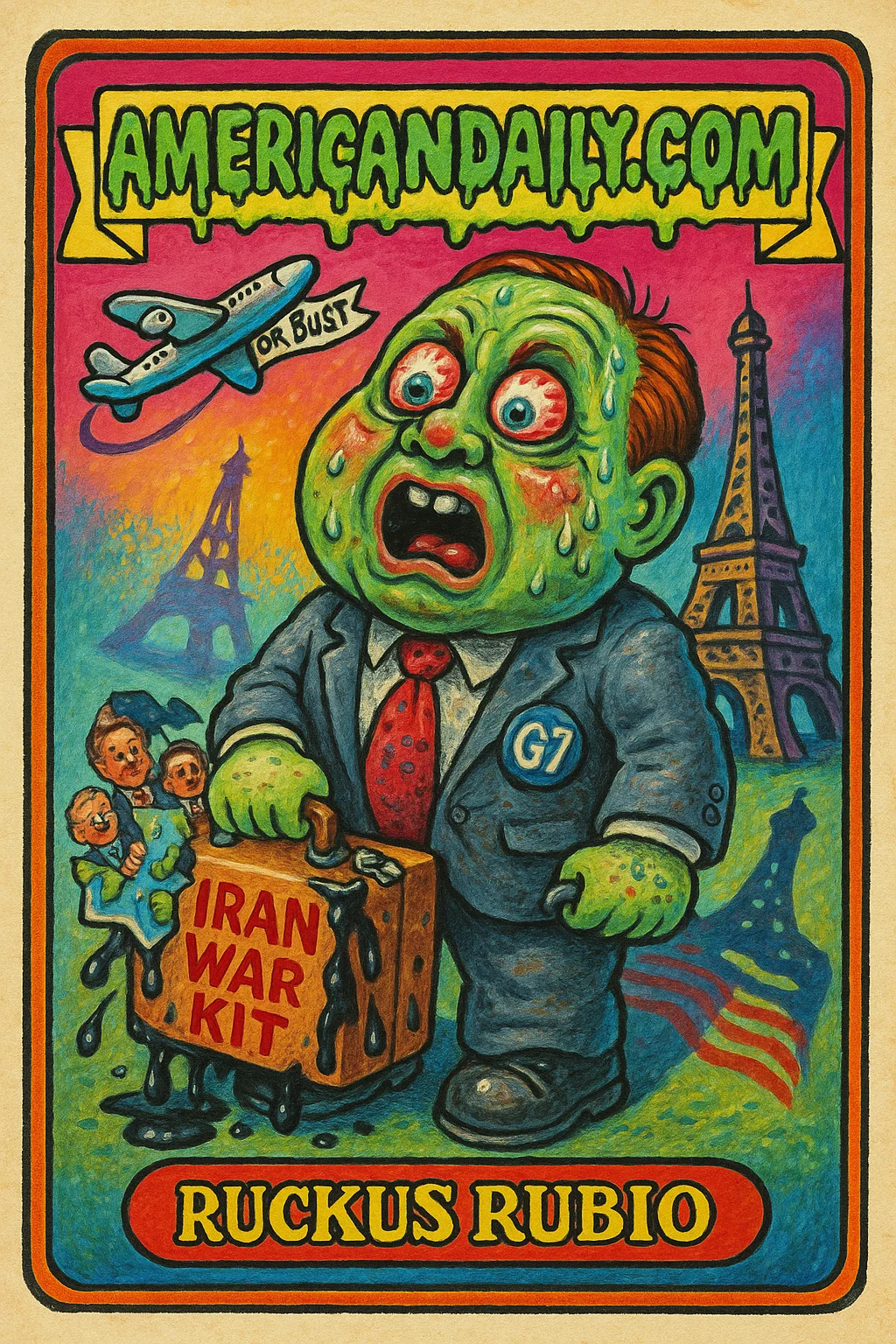 A grotesque senator with a wide-open mouth stands in front of the Eiffel Tower, holding a suitcase labeled 'Iran War Kit' as mini world leaders pop out.
