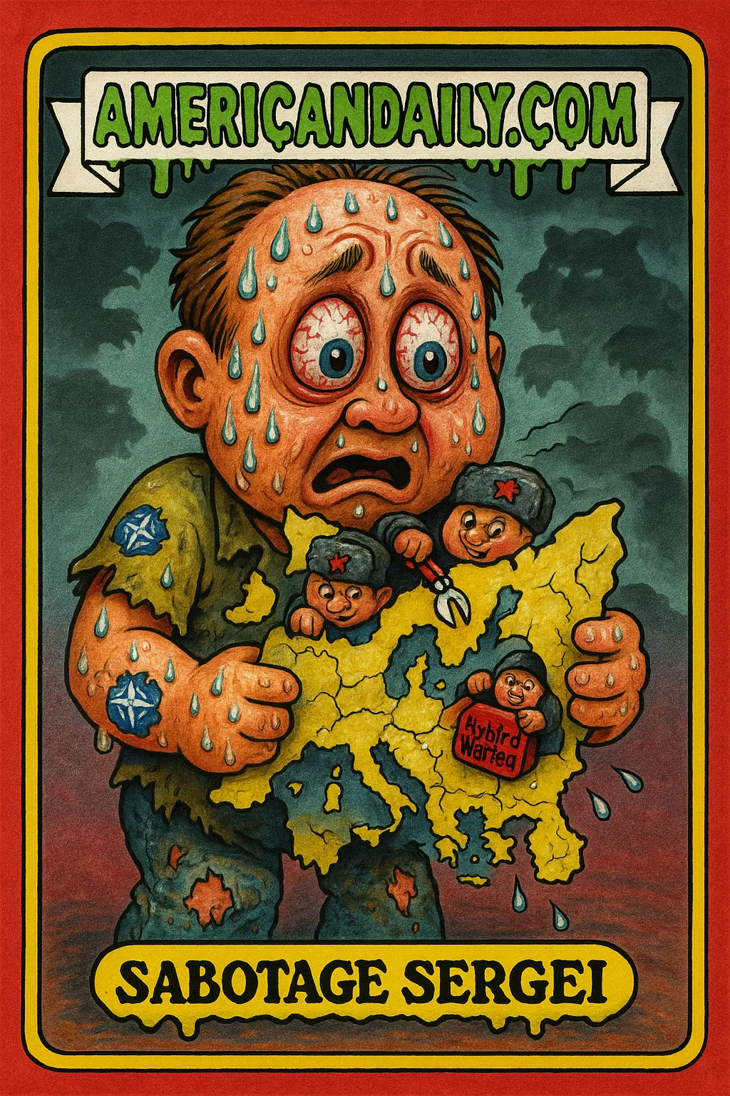 A grotesque cartoon character 'Sabotage Sergei' represents Europe under Russian sabotage, frantically patching leaks on his body with NATO band-aids, surrounded by tiny Russian spies.
