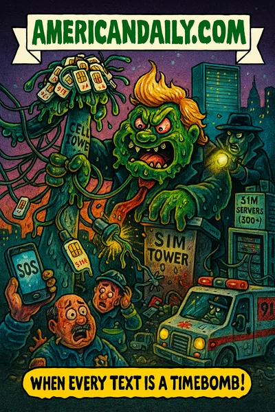 Cartoon parody of a slime creature sabotaging cell towers with giant plugs, panicked people with blank phones, Secret Service agent uncovering racks of SIM servers and piles of SIM cards, UN building skyline at night; top banner "AMERICANDAILY.COM."