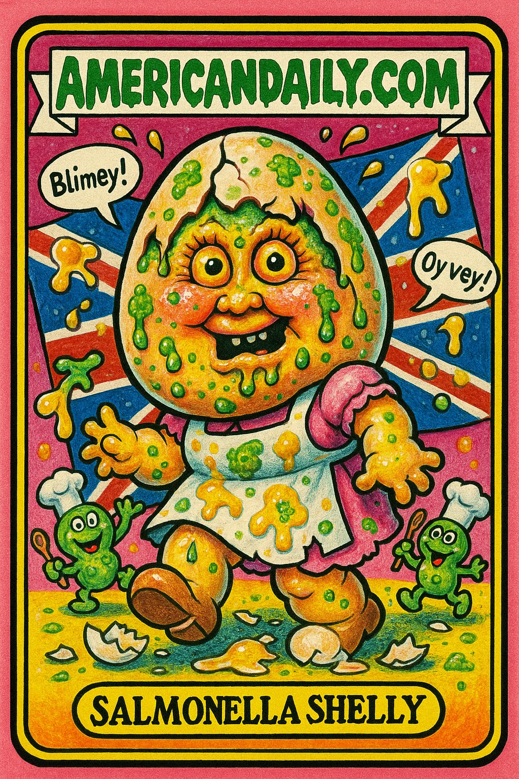 A trading card featuring 'Salmonella Shelly', a grotesque humanoid egg with a cracked shell and ooze, dancing salmonella bacteria, and a yolk-covered British flag.