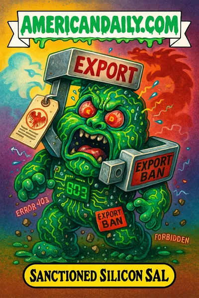 A grotesque cartoon AI-chip monster covered in glowing circuits is squeezed by giant government-labeled clamps symbolizing export bans, parodying U.S. restrictions on Nvidia chips to China in a Garbage Pail Kids style.
