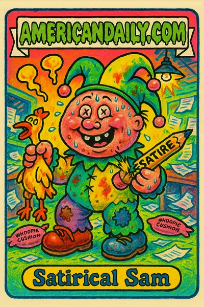 A grotesque jester character with crossed eyes, huge grin, a deflated chicken, and breaking 'SATIRE' pencil, against a chaotic newsroom backdrop.