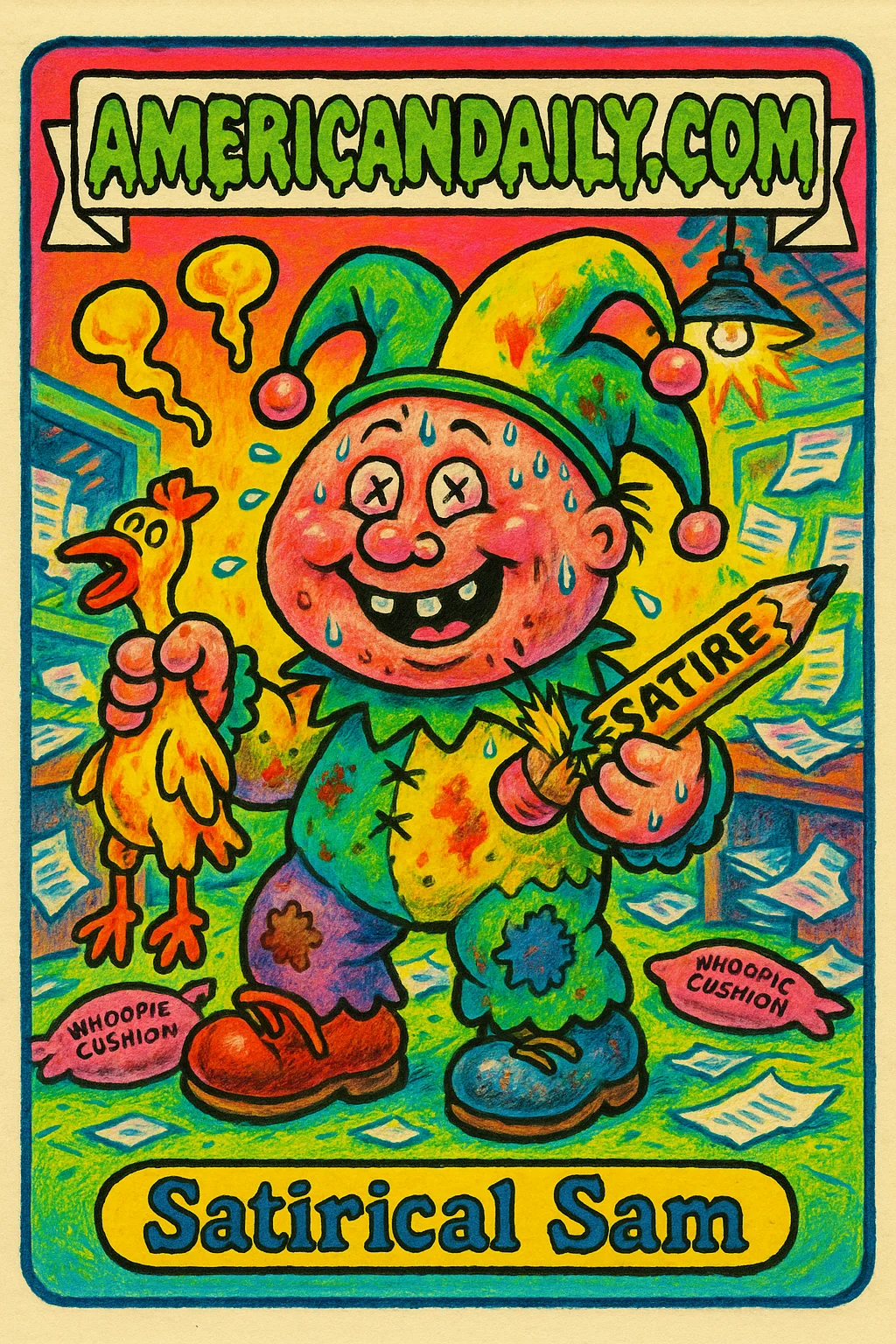 A grotesque jester character with crossed eyes, huge grin, a deflated chicken, and breaking 'SATIRE' pencil, against a chaotic newsroom backdrop.
