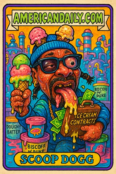 A caricature of Snoop Dogg amidst a candy factory, holding a massive ice cream cone, expressive tongue out, and money spilling all over.