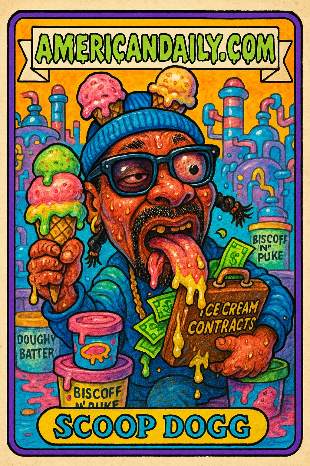 A caricature of Snoop Dogg amidst a candy factory, holding a massive ice cream cone, expressive tongue out, and money spilling all over.
