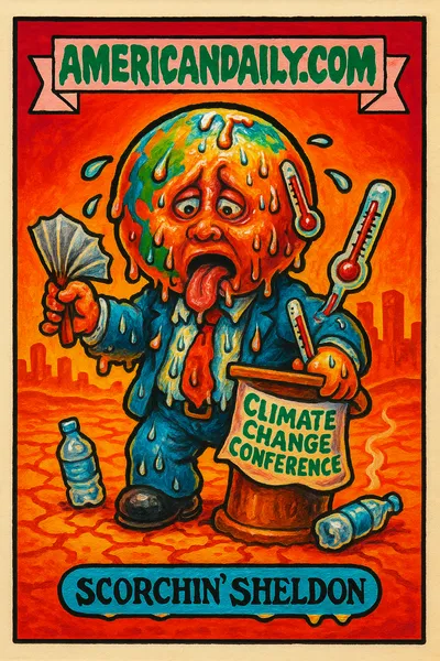 A satirical trading card cartoon of 'Scorchin' Sheldon', a sweaty character with a shrinking suit at an ironic heat-canceled climate event.