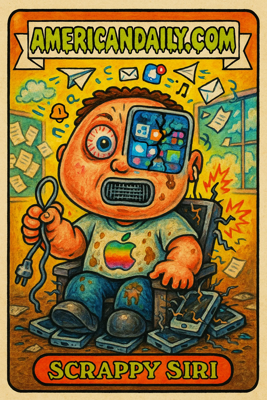 Illustration of 'Scrappy Siri', a grotesque and exaggerated AI character with a pixelated face, cracked screen eye, and tangled power cord, seated on a sparking throne of Apple devices in a messy tech office.