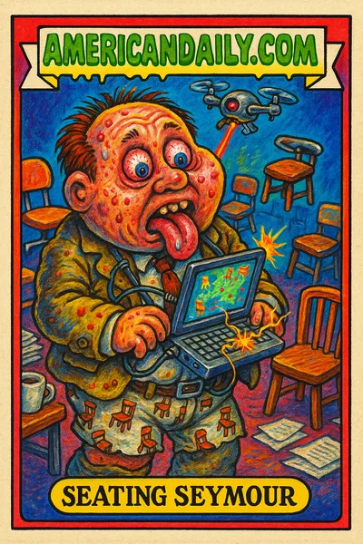 A grotesque bureaucrat with an oversized head frantically types on a sparking laptop while a drone targets chairs in a cluttered office space.