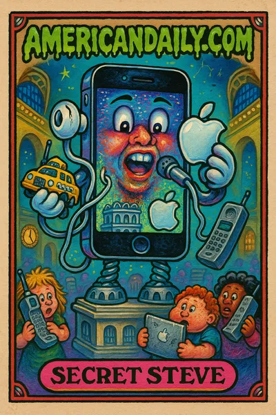 A grotesque, cartoonish iPhone character with Alicia Keys on screen, tangled cables, and Grand Central motifs, amid confused tech shoppers.