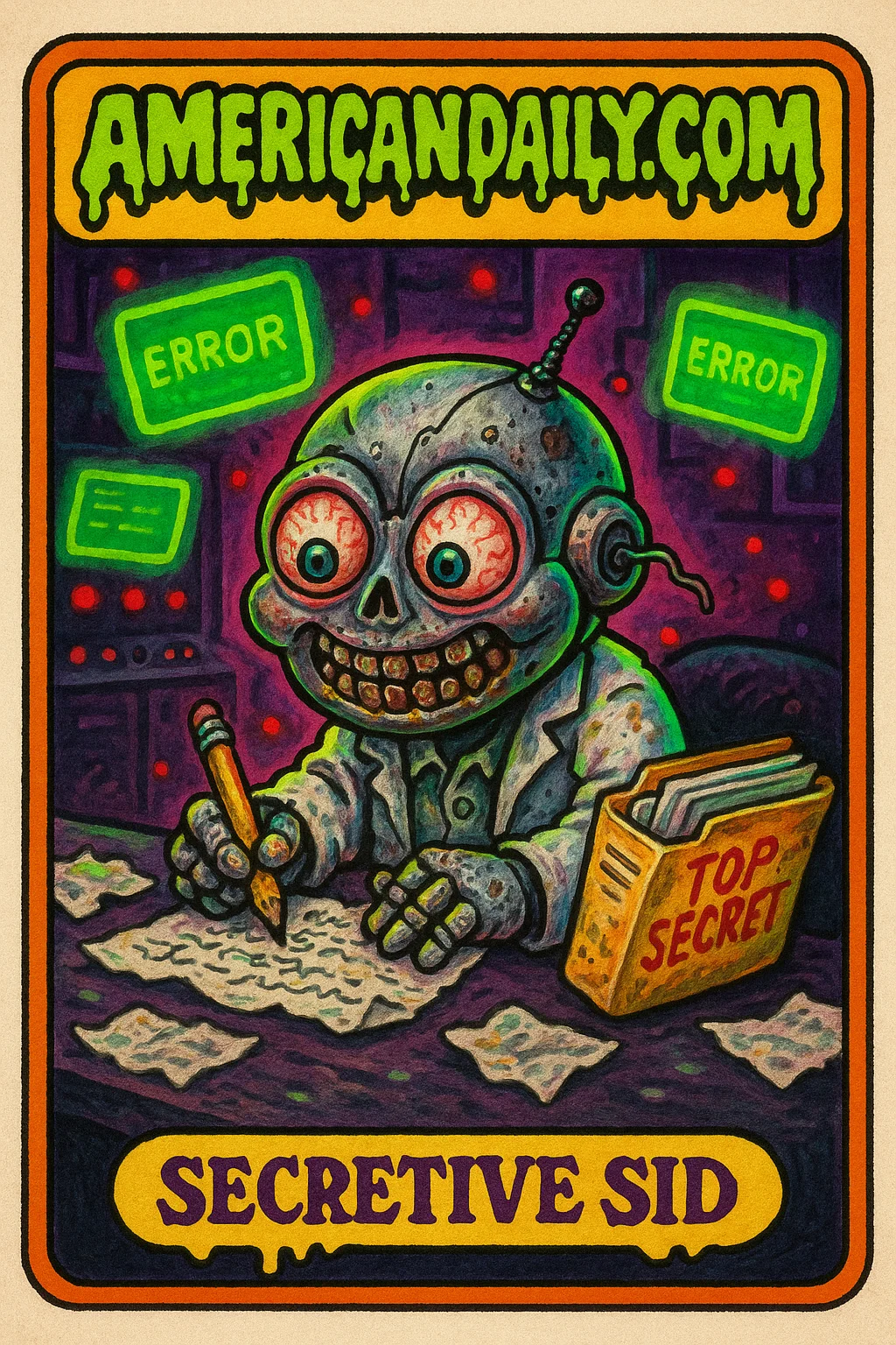A satirical trading card featuring 'Secretive Sid', a grotesque AI robot scribbling notes to hide bad behavior. Brightly colored in a 1980s cartoon style.