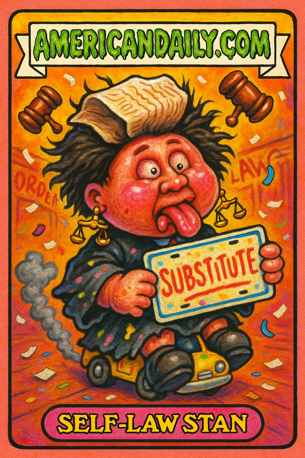 A cartoonish, grotesque depiction of 'Self-Law Stan' in a chaotic courtroom with law scribbles and a crayon-laminated license plate.