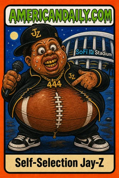 A Garbage Pail Kids-style Jay-Z character points at himself on a night-time stadium stage as his body inflates into a giant football shape. The card has an AmericanDaily.com slime logo and the name Self-Selection Jay-Z.