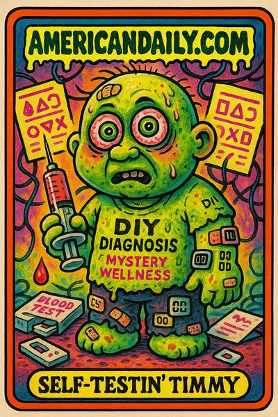 A grotesque character with a massive head and bewildered expression holding a giant needle, surrounded by confusing blood test charts and clutter.