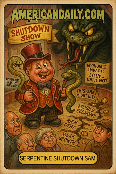Cartoon parody of a circus ringmaster "Shutdown Snake Charmer" dancing a docile snake labeled "Historically Harmless Shutdowns," while a more menacing serpent "This One Might Bite" coils in shadow. Audience of citizens watches as coins fall into cracks labeled "Fragile Economy," "High Debt," "Weak Growth." Top banner "AMERICANDAILY.COM."