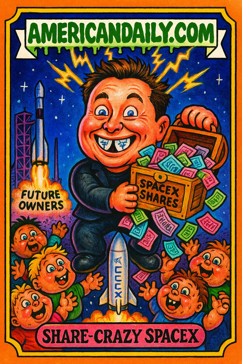 A grotesque caricature of Elon Musk with a giant head, flashy grin with rocket teeth, and wild hair, holding a chest of SpaceX shares showering onto ecstatic cartoon children.