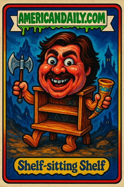 Trading card of an Ikea shelf with actor Matt Berry's exaggerated features, amidst a Skyrim-like mountain backdrop, bulging eyes, and comical props.