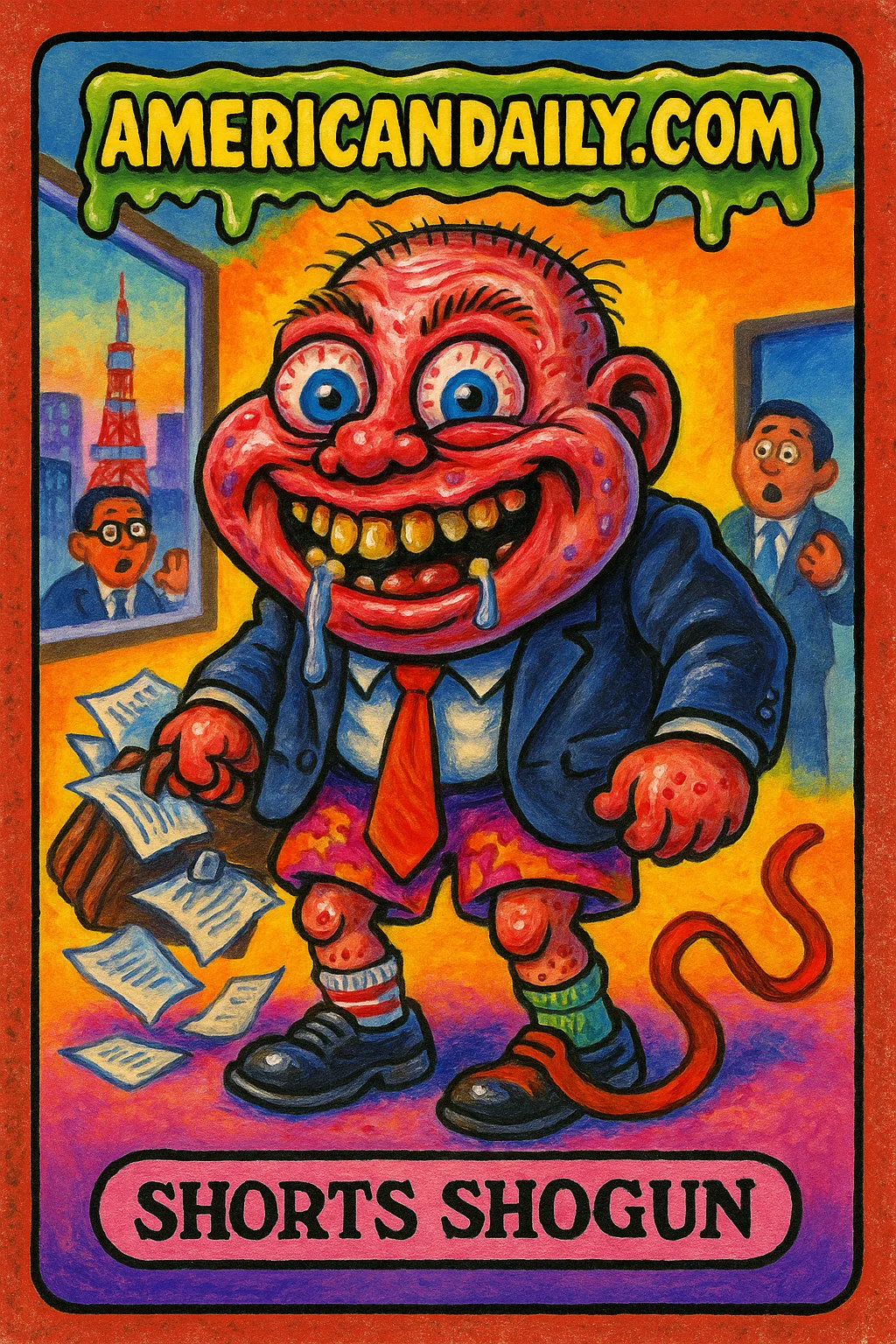 A grotesque executive, 'Shorts Shogun', wearing Bermuda shorts with a massive head and knobbly legs, disrupts a Tokyo office scene.