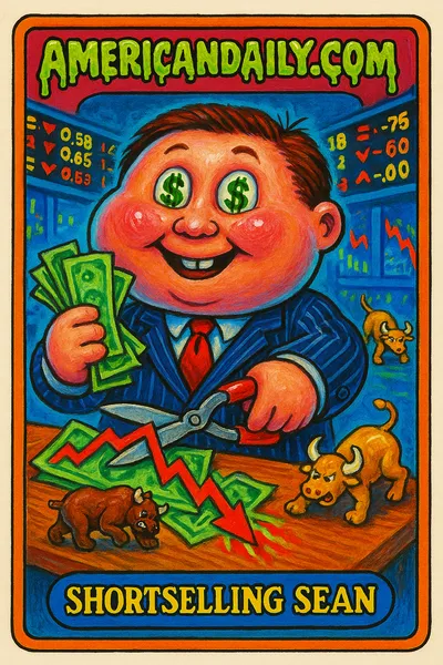 A satirical trading card of 'Shortselling Sean', a stockbroker with dollar sign eyes, gleefully cutting a plummeting stock graph with hedge clippers, surrounded by playful stock market chaos.