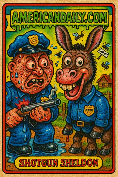 A grotesque police officer with a water pistol accidentally shooting a comically exaggerated donkey named HeeHaw in a whimsical rural setting.