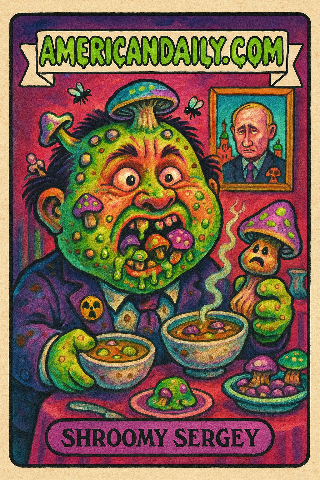 Grotesque Russian dignitary 'Shroomy Sergey' in a Kremlin dining room, with mushroom-related absurdity surrounding him.