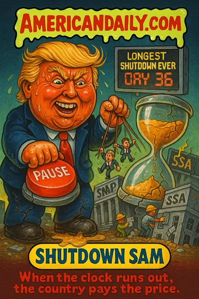 Cartoon trading card showing a caricature of Donald Trump called "Shutdown Sam" next to a cracked hourglass titled "U.S. GOVT FUNDING" with sand spilled, puppet-string Congress figures, collapsing buildings labeled SNAP/SSA/IRS, slime-dripping banner "AMERICANDAILY.COM" at top, bottom caption reads "When the clock runs out, the country pays the price."