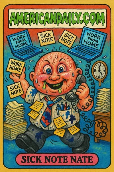 A chaotic trading card featuring 'Sick Note Nate', a grotesque character juggling laptops and sick notes in a messy office.