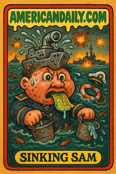 Sinking Sam, a grotesque sea captain with a battleship head and chaos around him, bails water as his naval hat floats off.