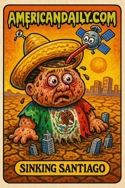A Garbage Pail Kids parody card showing 'Sinking Santiago', a character with a sombrero sinking into the mud. The scene includes a straw draining his hat and a satellite in the sky.