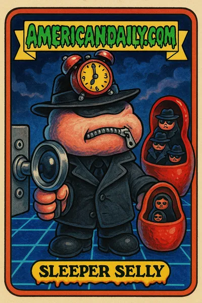 A satirical trading card showing Sleeper Selly, a spy character with a pillow head and spy gear, in a comical scene with spy dolls.