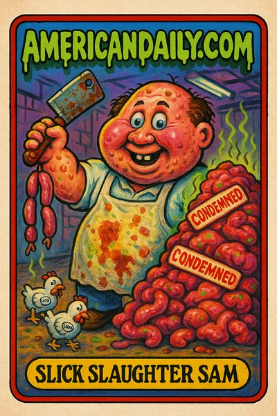 A grotesque butcher named Slick Slaughter Sam with bulging eyes, a toothless grin, and a dirty apron holds a rusty cleaver and rotting sausages. A pile of stinky meat covered in 'Condemned' stamps is in the background.