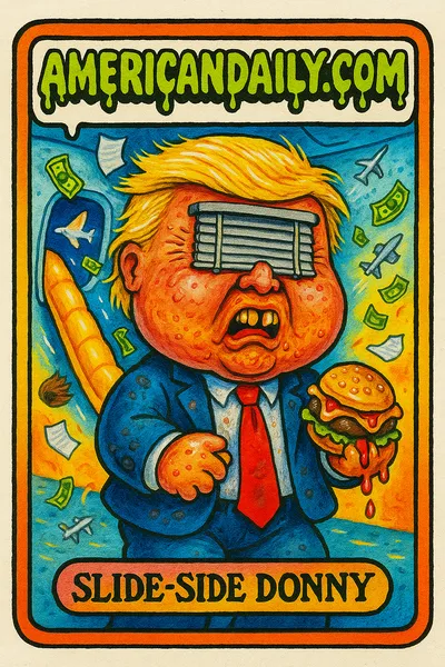 A satirical card showing a grotesque Donald Trump with blinds over his eyes. An emergency slide bursts from a plane window, spilling cash and jets.