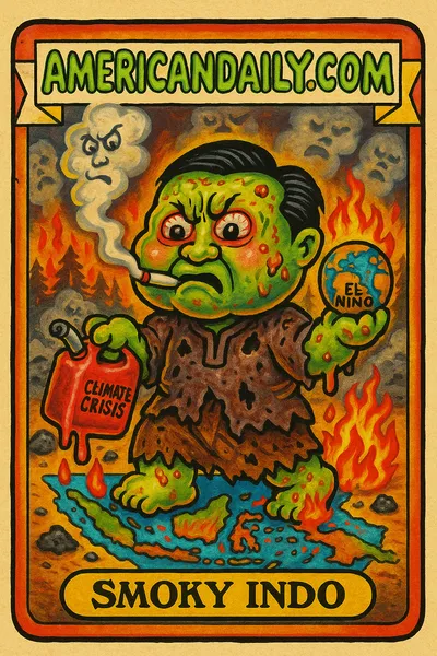 A grotesque character 'Smoky Indo' with a huge head exhaling smoke shaped like a cigarette, surrounded by burning trees and haze, symbolizing Indonesia's wildfire crisis.