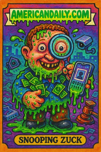 A grotesquely exaggerated Mark Zuckerberg character with a huge head, rotting teeth, and bulging eyes, surrounded by toxic sludge and broken digital elements.