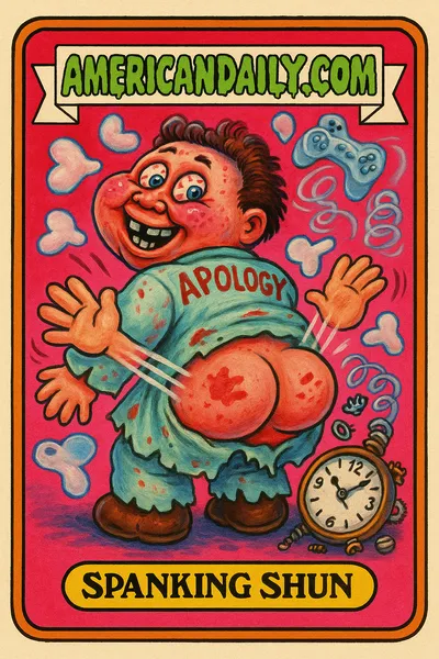 A grotesque cartoon of a Japanese game developer with an oversized head, grinning face, exposed butt being spanked by flying hands, all set against swirling cartoon butts and a broken clock.