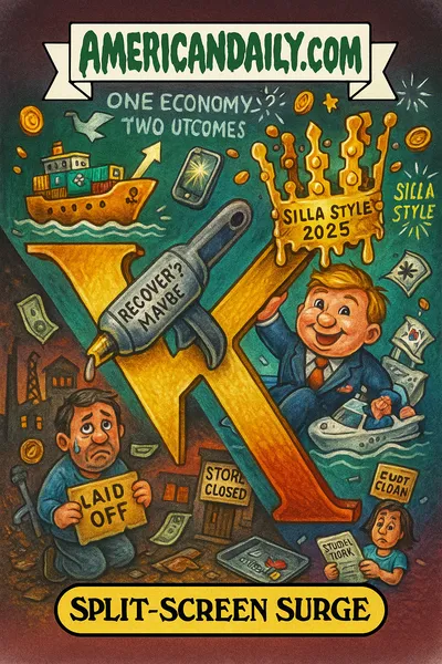 Parody trading card showing a giant letter "K": the upper arm soaring with gold tech icons and investors, the lower arm sinking with factories and laid-off workers; a glue gun labelled "RECOVERY? MAYBE" sits between them. Top banner reads "AMERICANDAILY.COM."