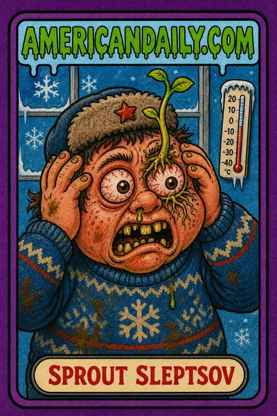 A grotesque retro trading card shows a grubby cartoon kid in a winter sweater clutching his head as a small green plant sprouts from one bloodshot eye. The card bears the AMERICANDAILY.COM logo and the name Sprout Sleptsov.