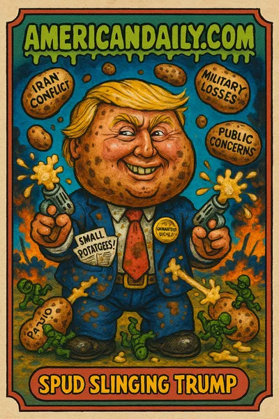 A grotesque cartoon of Trump with a potato-shaped head juggling labeled potatoes on a chaotic battlefield scene.