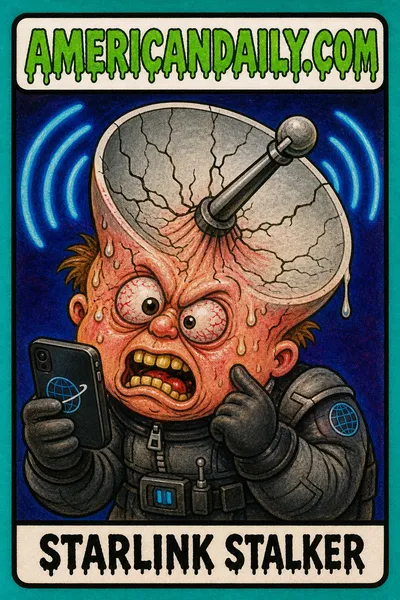 A grotesque cartoon kid in a tiny suit holds a phone as his head transforms into a cracked satellite dish beneath the AMERICANDAILY.COM logo.