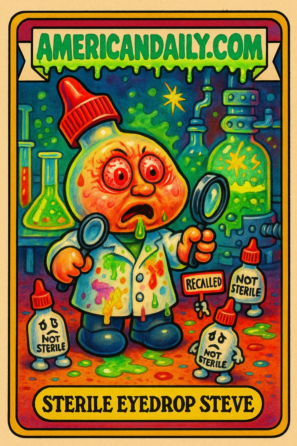A grotesque, exaggerated eyedrop bottle character with swollen eyes, leaky mouth, and stained lab coat in a chaotic lab scene. Satirical and humorous.