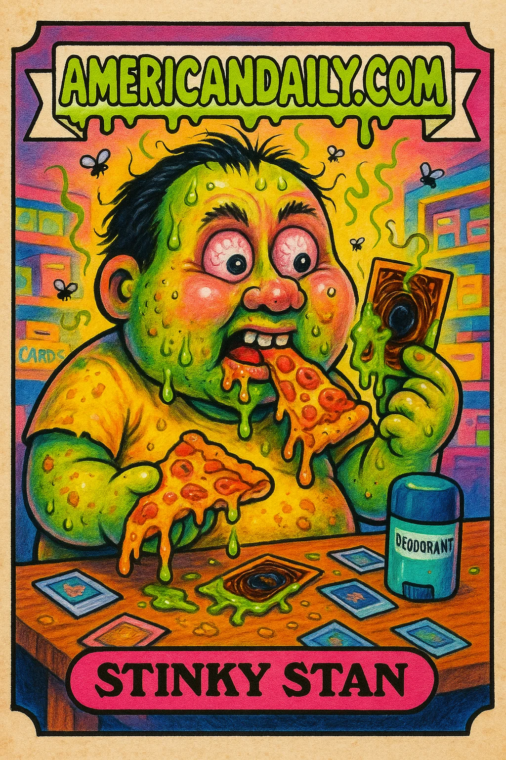 A grotesque depiction of a Yu-Gi-Oh player with poor hygiene, seated at a table with cartoonish exaggerated features, flies buzzing, and a cluttered game shop background.