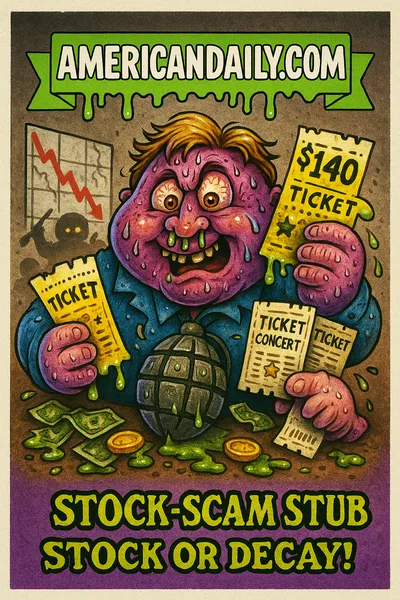 Grotesque ticket monster clutching suitcases of sold-out tickets, stock ticker showing $25.35 with eyes peeking, banner AMERICANDAILY.COM, caption Buyer Beware, Bankers Swear!