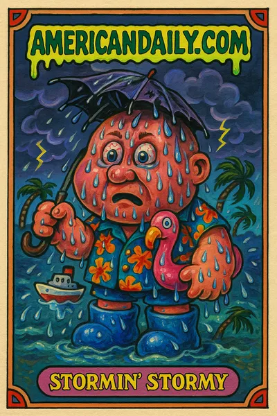 A grotesque, cartoonish depiction of a tropical storm character, 'Stormin' Stormy', with swirling eyes, a soggy Hawaiian shirt, and a stuck flamingo float. Palm trees and cars float in a stormy background.